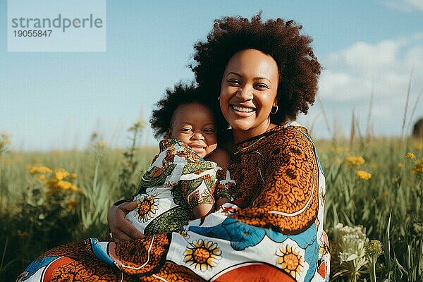 Mutter  afro amerikanisch  mit kleiner Tochter liebevoll in einer Wiese in der Sonne  Liebe  Familie  Freude  KI generiert