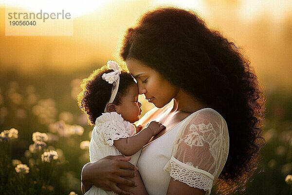 Mutter  afro amerikanisch  mit kleiner Tochter liebevoll in einer Wiese in der Sonne  Liebe  Familie  Freude  KI generiert