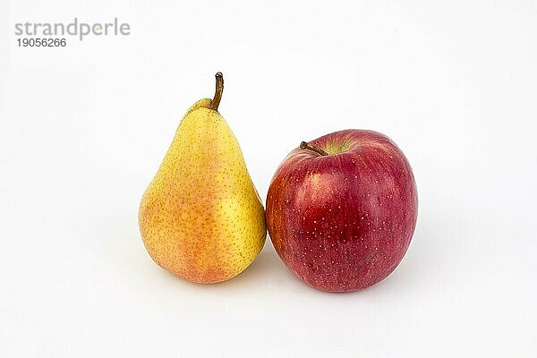 Apfel und Birne  Studioaufnahme  weisser Hintergrund  gesunde Ernährung