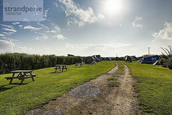 Campervan und Zelte auf einem Campingplatz  Gegenlicht  Treen  St. Levan  Cornwall  England  Großbritannien  Europa