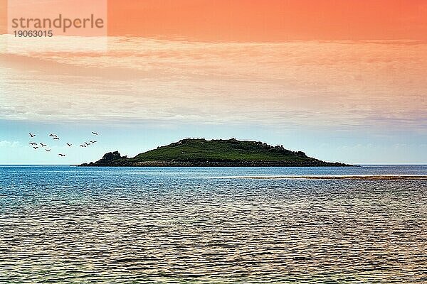 Küstenlinie  unbewohnte Insel  Felsen im Meer  Gegenlicht  Scilly-Inseln  Isles of Scilly  Cornwall  England  Großbritannien  Europa