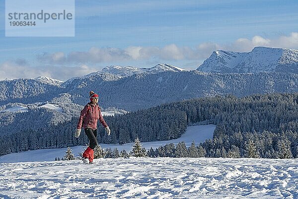 Hübsche aktive Seniorin Schneeschuhwandern in den Allgäuer Alpen bei Oberstaufen mit Blick in den Bregenzerwald  Vorarlberg  Österreich  Europa
