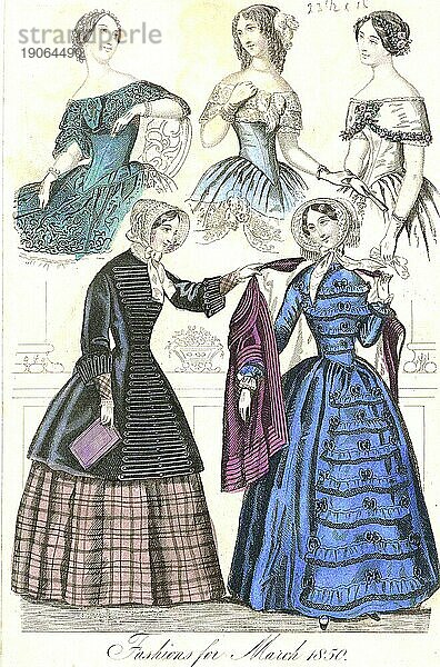 Die Mode im Laufe der Zeit  Damenmode in Paris und London  1850  Historisch  digital restaurierte Reproduktion von einer Vorlage aus dem 19. Jahrhundert