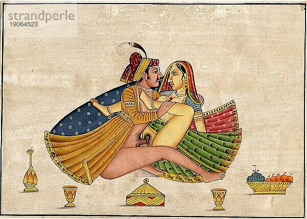 Darstellung einer erotischen Szene  Liebesszene  Sex  in einer Kamasutra-Ausgabe aus dem 19. Jahrhundert  Lehrwerke über Erotik  Indien  Arabien  Historisch  digital restaurierte Reproduktion einer Vorlage aus der damaligen Zeit  Asien