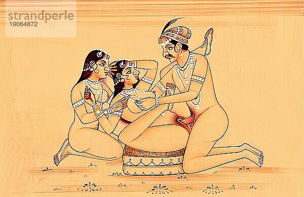 Mann mit zwei Frauen  Darstellung einer erotischen Szene  Liebesszene  Sex  in einer Kamasutra-Ausgabe aus dem 19. Jahrhundert  Lehrwerke über Erotik  Indien  Arabien  Historisch  digital restaurierte Reproduktion einer Vorlage aus der damaligen Zeit  Asien