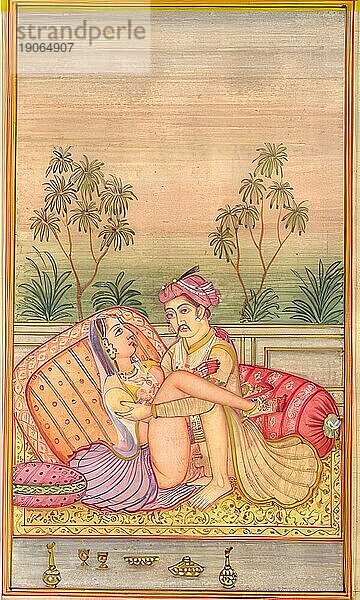 Darstellung einer erotischen Szene  Liebesszene  Sex  in einer Kamasutra-Ausgabe aus dem 19. Jahrhundert  Lehrwerke über Erotik  Indien  Arabien  Historisch  digital restaurierte Reproduktion einer Vorlage aus der damaligen Zeit  Asien