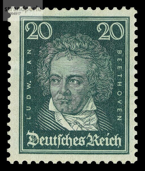 Historische Briefmarke  Deutsches Reich  Dauermarke zu 20 Pfennig mit Ludwig van Beethoven Porträt  1926  Deutschland  Historisch  digital aufbereitete Reproduktion einer Vorlage aus der damaligen Zeit  Europa