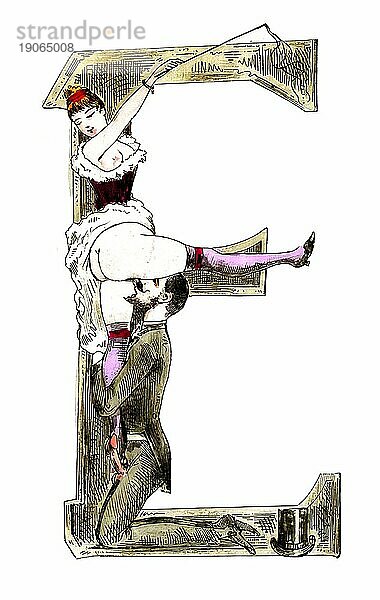 Buchstabe E  Das erotische Alphabet  Sex  Oralsex  frivole erotische Illustrationen aus der viktorianischen Zeit  um 1850  England  Historisch  digital verbesserte Reproduktion einer Vorlage aus dem 19. Jahrhundert