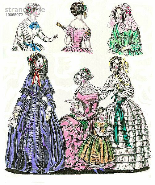 Die Mode im Laufe der Zeit  Damenmode in Paris und London  1847  Historisch  digital restaurierte Reproduktion von einer Vorlage aus dem 19. Jahrhundert
