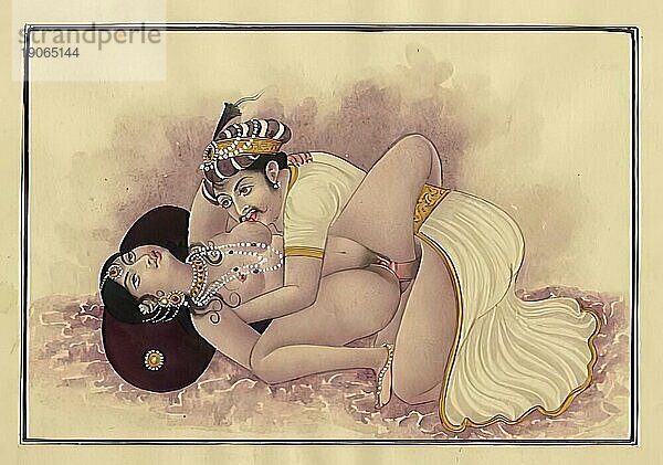 Darstellung einer erotischen Szene  Liebesszene  Sex  in einer Kamasutra-Ausgabe aus dem 19. Jahrhundert  Lehrwerke über Erotik  Indien  Arabien  Historisch  digital restaurierte Reproduktion einer Vorlage aus der damaligen Zeit  Asien