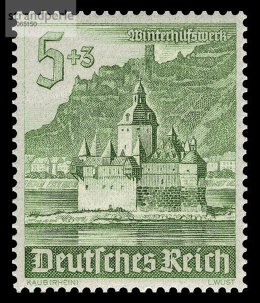 Historische Briefmarke  Deutsches Reich  Winterhilfswerk  Burg Pfalzgrafenstein bei Kaub  5 plus 3 Pfennig  1940  Deutschland  Historisch  digital aufbereitete Reproduktion einer Vorlage aus der damaligen Zeit  Europa