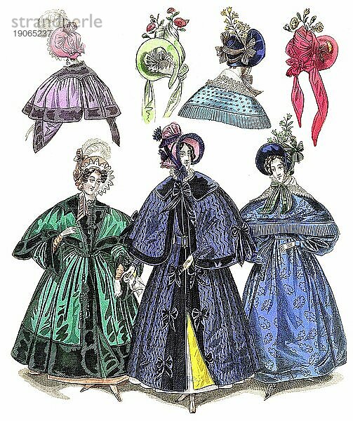 Die Mode im Laufe der Zeit  Damenmode in Paris und London  1833  Historisch  digital restaurierte Reproduktion von einer Vorlage aus dem 19. Jahrhundert