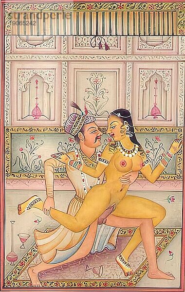 Darstellung einer erotischen Szene  Liebesszene  Sex  in einer Kamasutra-Ausgabe aus dem 19. Jahrhundert  Lehrwerke über Erotik  Indien  Arabien  Historisch  digital restaurierte Reproduktion einer Vorlage aus der damaligen Zeit  Asien