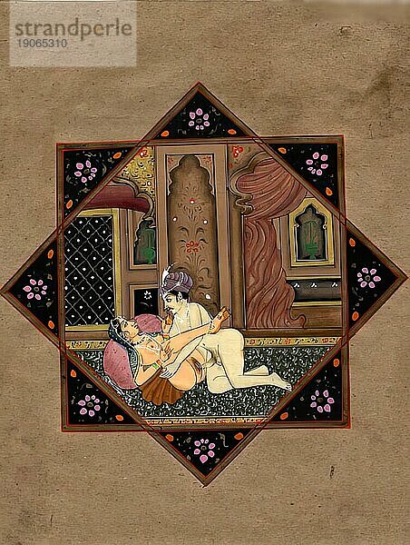 Darstellung einer erotischen Szene  Liebesszene  Sex  in einer Kamasutra-Ausgabe aus dem 19. Jahrhundert  Lehrwerke über Erotik  Indien  Arabien  Historisch  digital restaurierte Reproduktion einer Vorlage aus der damaligen Zeit  Asien