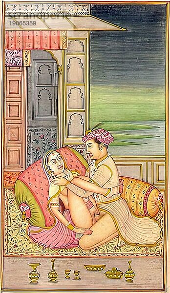 Darstellung einer erotischen Szene  Liebesszene  Sex  in einer Kamasutra-Ausgabe aus dem 19. Jahrhundert  Lehrwerke über Erotik  Indien  Arabien  Historisch  digital restaurierte Reproduktion einer Vorlage aus der damaligen Zeit  Asien