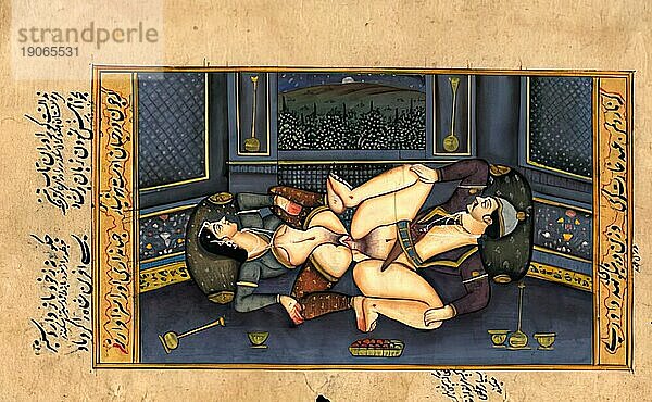 Akrobatische Stellung  Darstellung einer erotischen Szene  Liebesszene  Sex  in einer Kamasutra-Ausgabe aus dem 19. Jahrhundert  Lehrwerke über Erotik  Indien  Arabien  Historisch  digital restaurierte Reproduktion einer Vorlage aus der damaligen Zeit  Asien