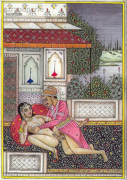 Darstellung einer erotischen Szene  Liebesszene  Sex  in einer Kamasutra-Ausgabe aus dem 19. Jahrhundert  Lehrwerke über Erotik  Indien  Arabien  Historisch  digital restaurierte Reproduktion einer Vorlage aus der damaligen Zeit  Asien