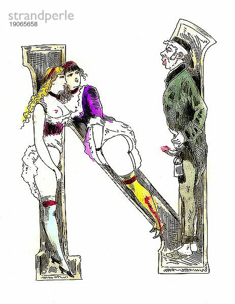 Buchstabe N  Das erotische Alphabet  Sex  Mann mit zwei Frauen  frivole erotische Illustrationen aus der viktorianischen Zeit  um 1850  England  Historisch  digital verbesserte Reproduktion einer Vorlage aus dem 19. Jahrhundert