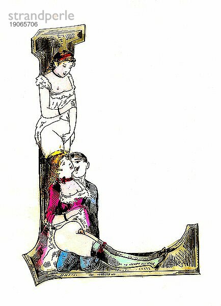 Buchstabe L  Das erotische Alphabet  Sex  Mann mit zwei Frauen  frivole erotische Illustrationen aus der viktorianischen Zeit  um 1850  England  Historisch  digital verbesserte Reproduktion einer Vorlage aus dem 19. Jahrhundert