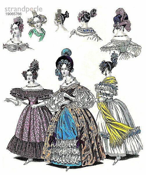 Die Mode im Laufe der Zeit  Damenmode in Paris und London  1834  Historisch  digital restaurierte Reproduktion von einer Vorlage aus dem 19. Jahrhundert