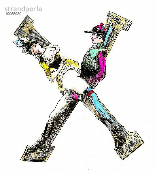 Buchstabe X  Das erotische Alphabet  Sex  frivole erotische Illustrationen aus der viktorianischen Zeit  um 1850  England  Historisch  digital verbesserte Reproduktion einer Vorlage aus dem 19. Jahrhundert
