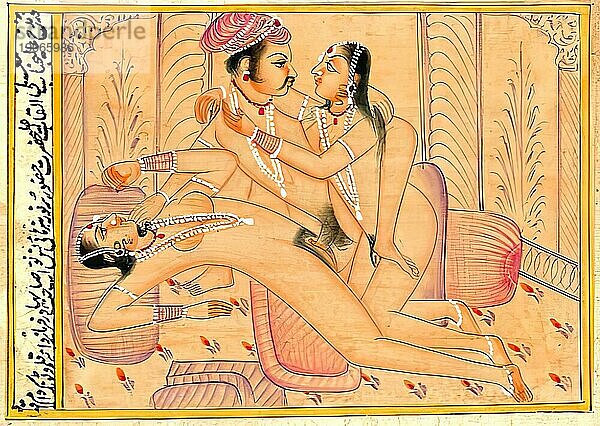 Mann mit zwei Frauen  Darstellung einer erotischen Szene  Liebesszene  Sex  in einer Kamasutra-Ausgabe aus dem 19. Jahrhundert  Lehrwerke über Erotik  Indien  Arabien  Historisch  digital restaurierte Reproduktion einer Vorlage aus der damaligen Zeit  Asien