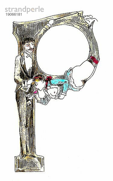 Buchstabe P  Das erotische Alphabet  Sex  akrobatischer Oralsex  frivole erotische Illustrationen aus der viktorianischen Zeit  um 1850  England  Historisch  digital verbesserte Reproduktion einer Vorlage aus dem 19. Jahrhundert