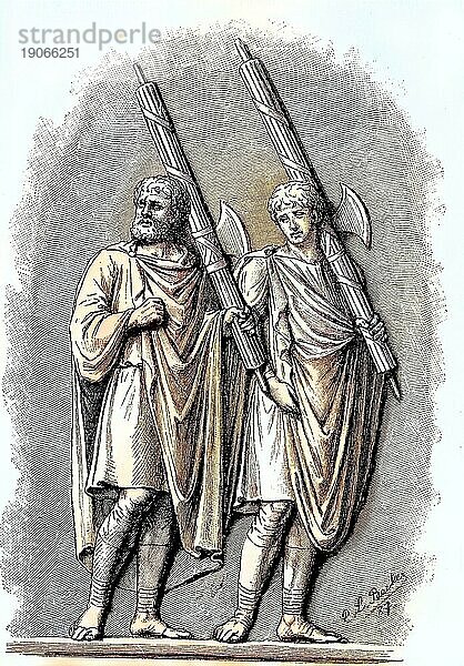 Relief von zwei Liktoren  der Leibwache des Königs an der Mark-Aurel-Säule  vollendet 193  auf der Piazza Colonna in Rom  Italien  digitale verbesserte Reproduktion eines Originaldrucks aus dem 19. Jahrhundert  Europa