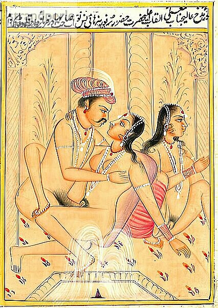 Mann mit zwei Frauen  Darstellung einer erotischen Szene  Liebesszene  Sex  in einer Kamasutra-Ausgabe aus dem 19. Jahrhundert  Lehrwerke über Erotik  Indien  Arabien  Historisch  digital restaurierte Reproduktion einer Vorlage aus der damaligen Zeit  Asien