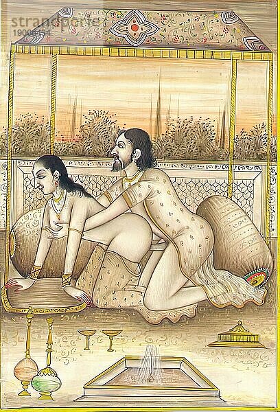 Darstellung einer erotischen Szene  Liebesszene  Sex  in einer Kamasutra-Ausgabe aus dem 19. Jahrhundert  Lehrwerke über Erotik  Indien  Arabien  Historisch  digital restaurierte Reproduktion einer Vorlage aus der damaligen Zeit  Asien