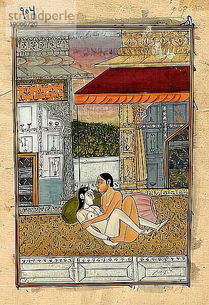 Darstellung einer erotischen Szene  Liebesszene  Sex  in einer Kamasutra-Ausgabe aus dem 19. Jahrhundert  Lehrwerke über Erotik  Indien  Arabien  Historisch  digital restaurierte Reproduktion einer Vorlage aus der damaligen Zeit  Asien