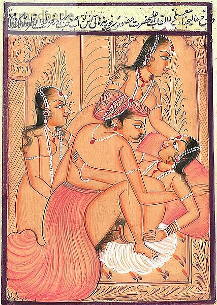 Szene aus einem Harem  Mann mit drei Frauen  Darstellung einer erotischen Szene  Liebesszene  Sex  in einer Kamasutra-Ausgabe aus dem 19. Jahrhundert  Lehrwerke über Erotik  Indien  Arabien  Historisch  digital restaurierte Reproduktion einer Vorlage aus der damaligen Zeit  Asien