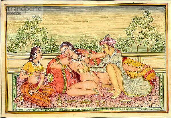 Darstellung einer erotischen Szene  Liebesszene  Sex  in einer Kamasutra-Ausgabe aus dem 19. Jahrhundert  Lehrwerke über Erotik  Indien  Arabien  Historisch  digital restaurierte Reproduktion einer Vorlage aus der damaligen Zeit  Asien