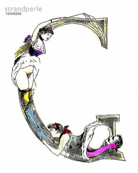 Buchstabe G  Das erotische Alphabet  Sex  Oralsex  Mann mit zwei Frauen  frivole erotische Illustrationen aus der viktorianischen Zeit  um 1850  England  Historisch  digital verbesserte Reproduktion einer Vorlage aus dem 19. Jahrhundert