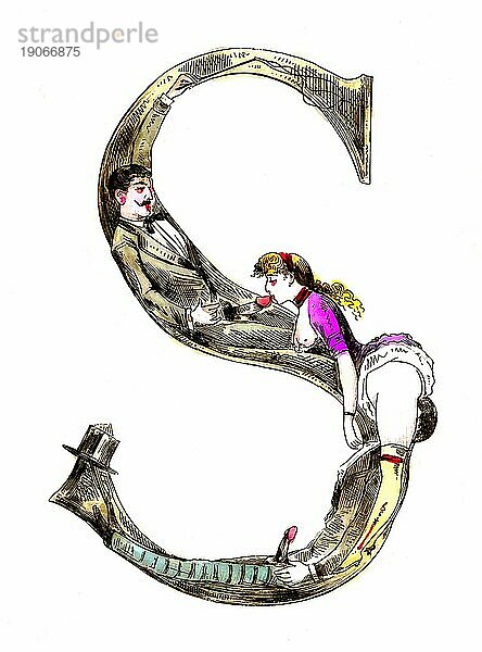 Buchstabe S  Das erotische Alphabet  Sex  Oralsex  frivole erotische Illustrationen aus der viktorianischen Zeit  um 1850  England  Historisch  digital verbesserte Reproduktion einer Vorlage aus dem 19. Jahrhundert