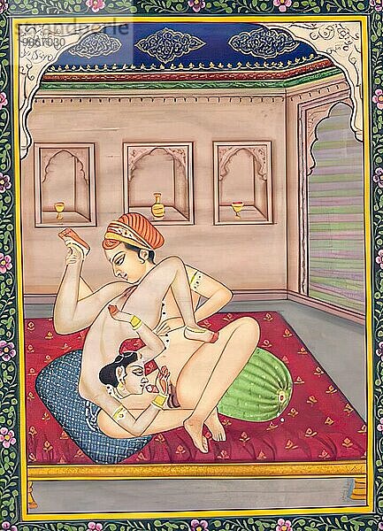 Darstellung einer erotischen Szene  Liebesszene  Sex  in einer Kamasutra-Ausgabe aus dem 19. Jahrhundert  Lehrwerke über Erotik  Indien  Arabien  Historisch  digital restaurierte Reproduktion einer Vorlage aus der damaligen Zeit  Asien