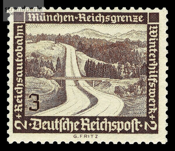 Historische Briefmarke  Deutsches Reich  Reichsautobahn 26 München bis zur Reichsgrenze  3 plus 2 Pfennig  Deutschland  Historisch  digital aufbereitete Reproduktion einer Vorlage aus der damaligen Zeit  Europa