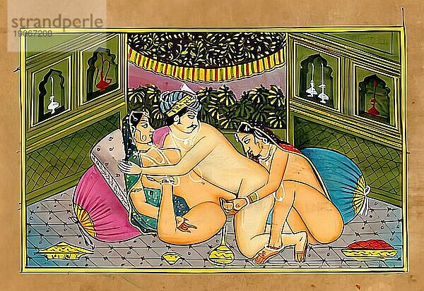 Mann mit zwei Frauen  Darstellung einer erotischen Szene  Liebesszene  Sex  in einer Kamasutra-Ausgabe aus dem 19. Jahrhundert  Lehrwerke über Erotik  Indien  Arabien  Historisch  digital restaurierte Reproduktion einer Vorlage aus der damaligen Zeit  Asien