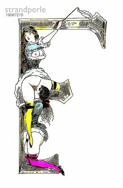 Buchstabe F  Das erotische Alphabet  Sex  zwei Frauen  lesbisch  Oralsex  frivole erotische Illustrationen aus der viktorianischen Zeit  um 1850  England  Historisch  digital verbesserte Reproduktion einer Vorlage aus dem 19. Jahrhundert