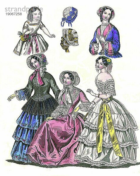 Die Mode im Laufe der Zeit  Damenmode in Paris und London  1850  Historisch  digital restaurierte Reproduktion von einer Vorlage aus dem 19. Jahrhundert