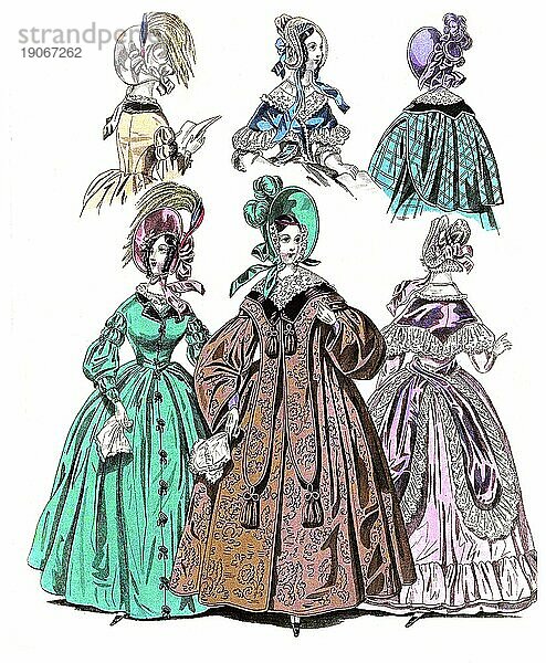 Die Mode im Laufe der Zeit  Damenmode in Paris und London  1836  Historisch  digital restaurierte Reproduktion von einer Vorlage aus dem 19. Jahrhundert