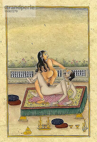 Darstellung einer erotischen Szene  Liebesszene  Sex  in einer Kamasutra-Ausgabe aus dem 19. Jahrhundert  Lehrwerke über Erotik  Indien  Arabien  Historisch  digital restaurierte Reproduktion einer Vorlage aus der damaligen Zeit  Asien