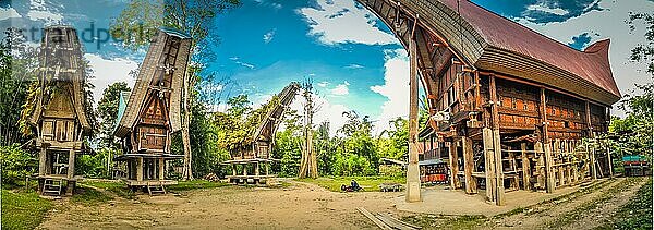 Foto von vier tongkonans  Ahnenhäusern mit großen Dächern und bunten Mustern in Sangalla  Region Toraja in Sulawesi  Indonesien  Asien