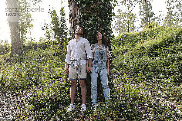 Freund und Freundin halten sich an den Händen und stehen neben einem Baum im Wald