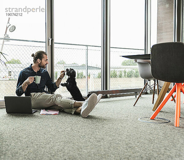 Junger Geschäftsmann mit Laptop sitzt im Büro auf dem Boden und spielt mit Hund