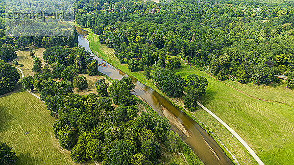 Aerial of Muskau (Muskauer) Park  UNESCO World Heritage Site  and the Neisse River  Bad Muskau  Saxony  Germany  Europe