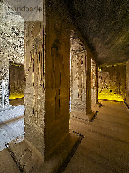 Interior view of the Small Temple of Abu Simbel with its successively smaller chambers leading to the sanctuary  UNESCO World Heritage Site  Abu Simbel  Egypt  North Africa  Africa