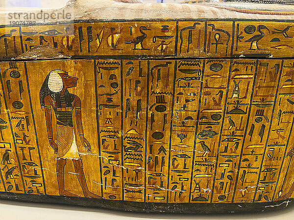 View of the remains of an ancient Egyptian Sarcophagus on display at the Egyptian Museum  Cairo  Egypt  North Africa  Africa