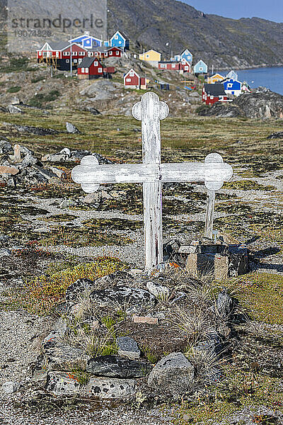 A view of the cemetery in the colorful town of Ilulissat  formerly Jakobshavn  Western Greenland  Polar Regions