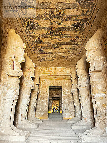 Interior view of the Great Temple of Abu Simbel with its successively smaller chambers leading to the sanctuary  UNESCO World Heritage Site  Abu Simbel  Egypt  North Africa  Africa